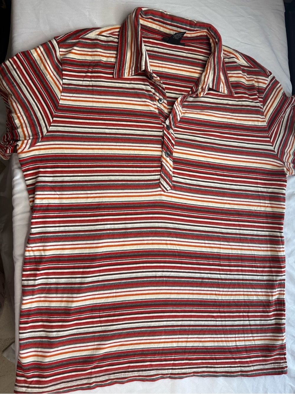 Men’s Express Multicolor Striped Polo — Red, White, Tan, Gray Cotton Size L